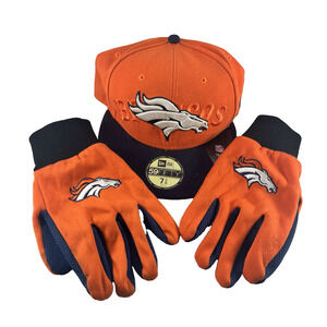 New Era Denver Broncos Fitted Hat 7 3/8 Orange NFL Gloves Bundle